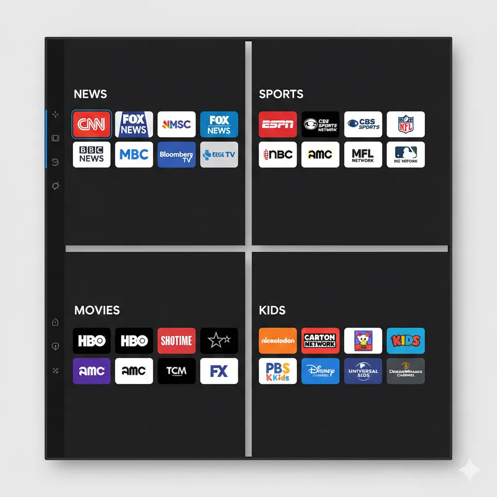 Google TV Freeplay channel categories showing news, entertainment, sports and kids sections