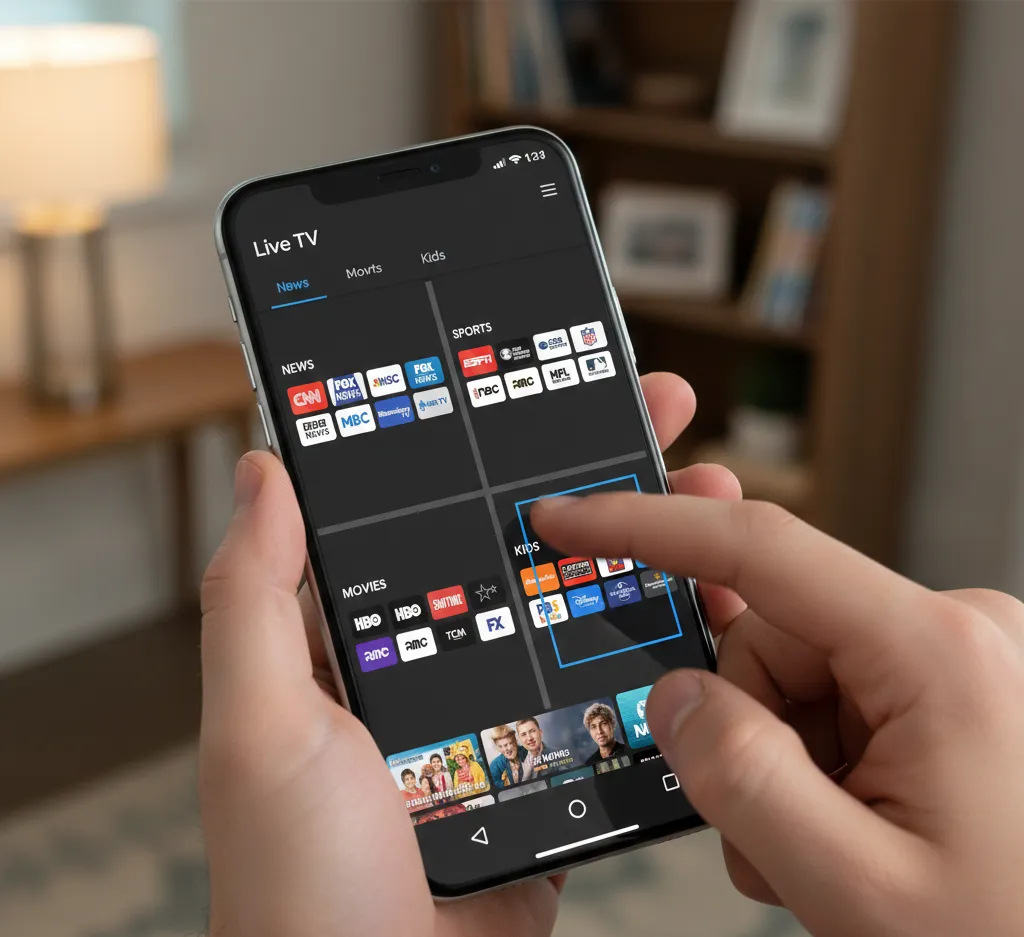 Google TV app showing channel browsing interface on mobile device