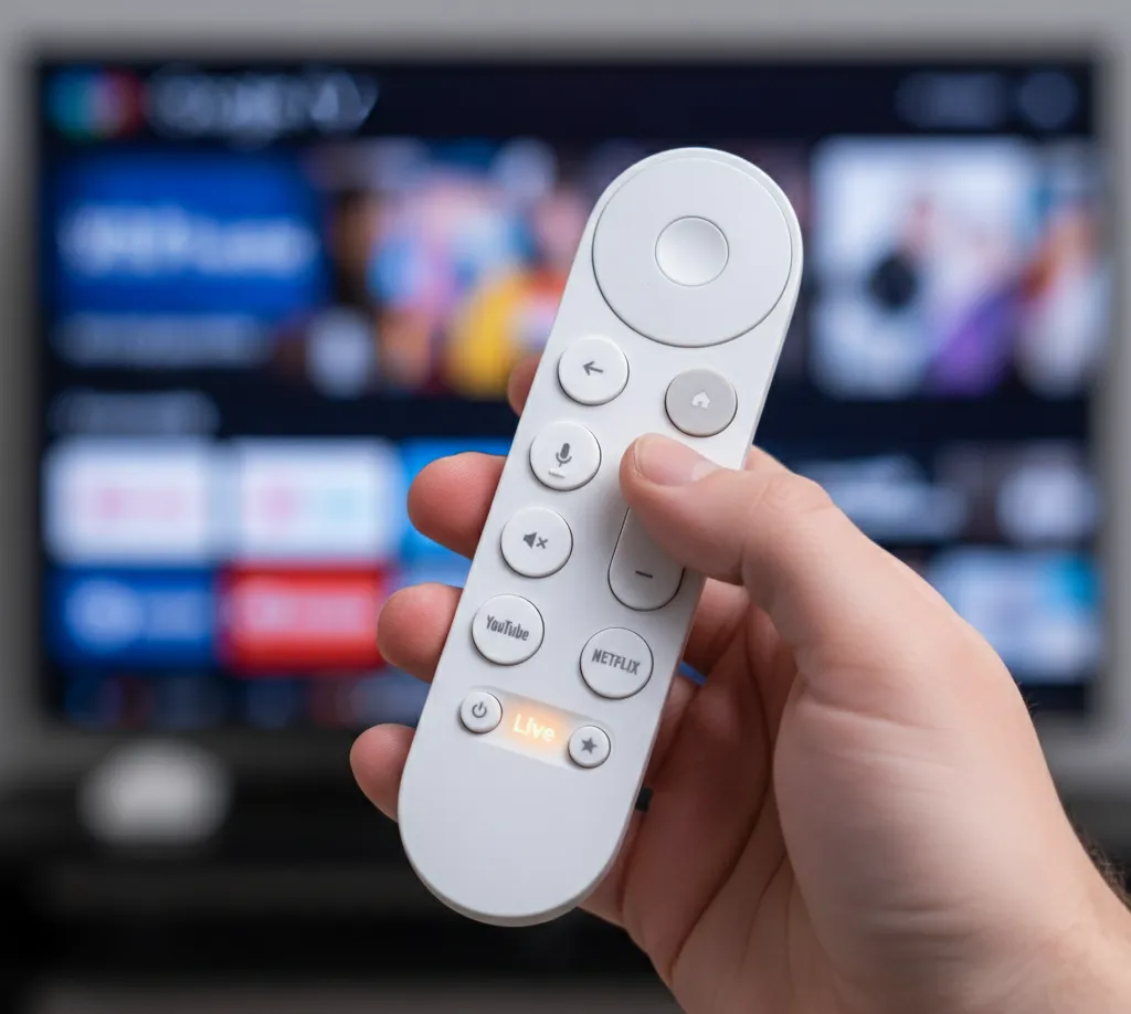 Google TV remote control with Live button for accessing free Freeplay channels