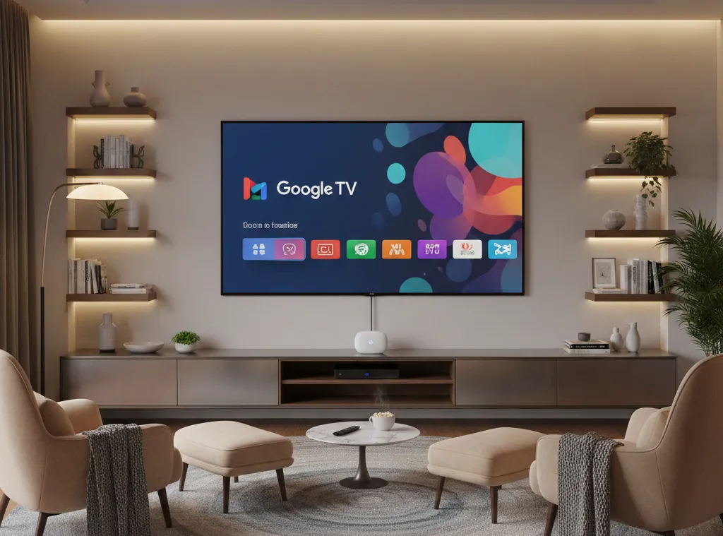 Google TV Streamer device setup in modern living room with TV displaying free channels