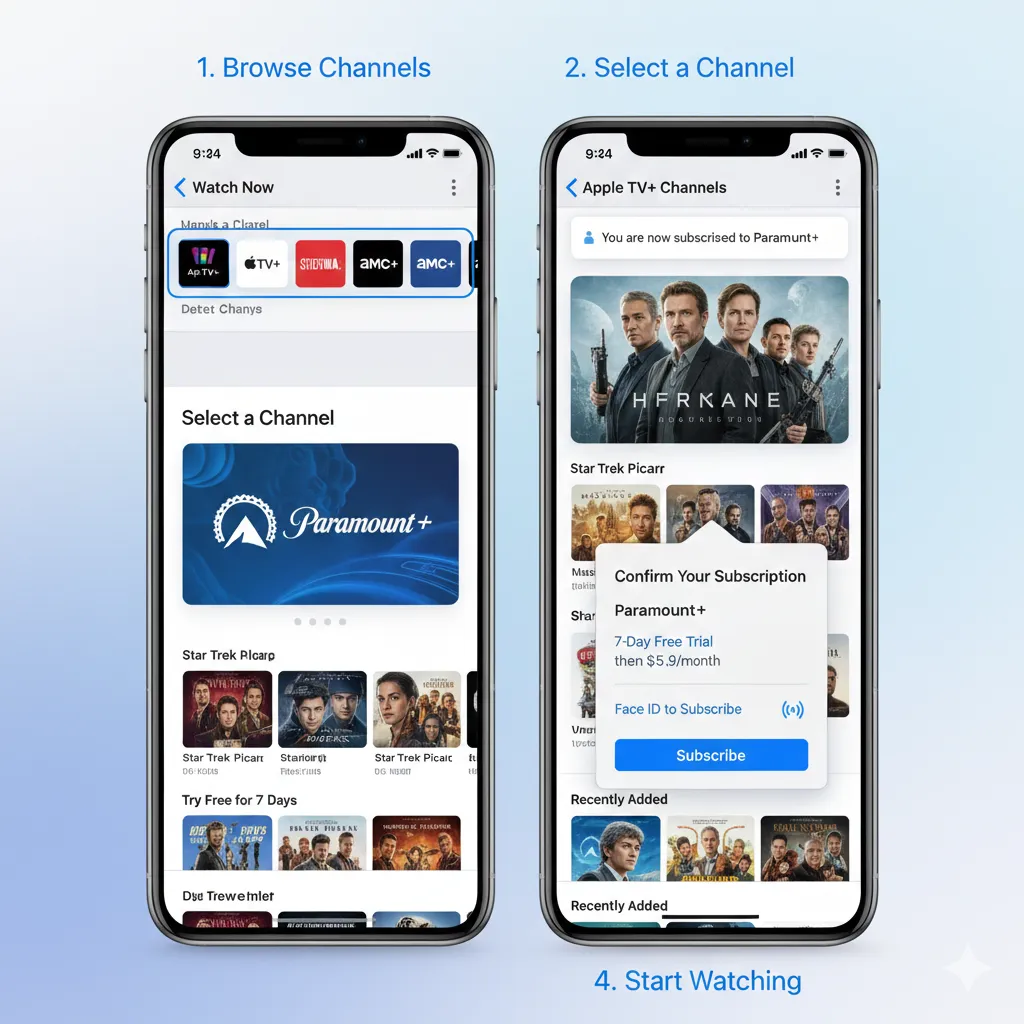 Tutorial screenshots showing steps to subscribe to channels in Apple TV app