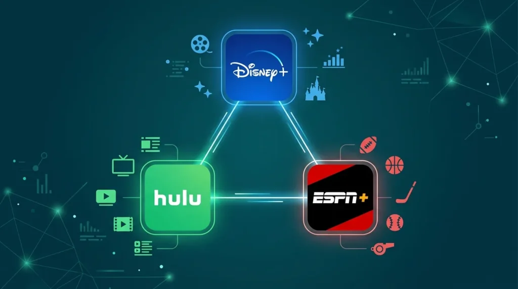 Diagram showing Hulu, Disney Plus, and ESPN Plus bundled together in one Hulu Live TV subscription