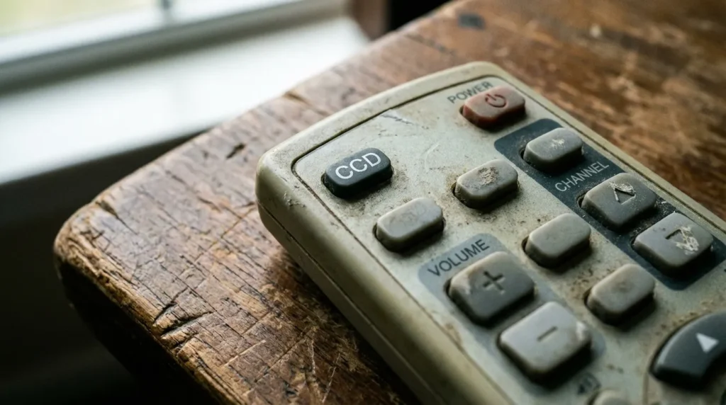 Older Insignia TV remote showing the CCD closed caption button