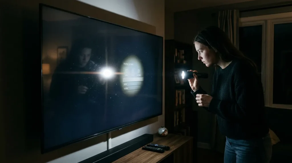 Flashlight test on dark Insignia TV screen to check for backlight failure