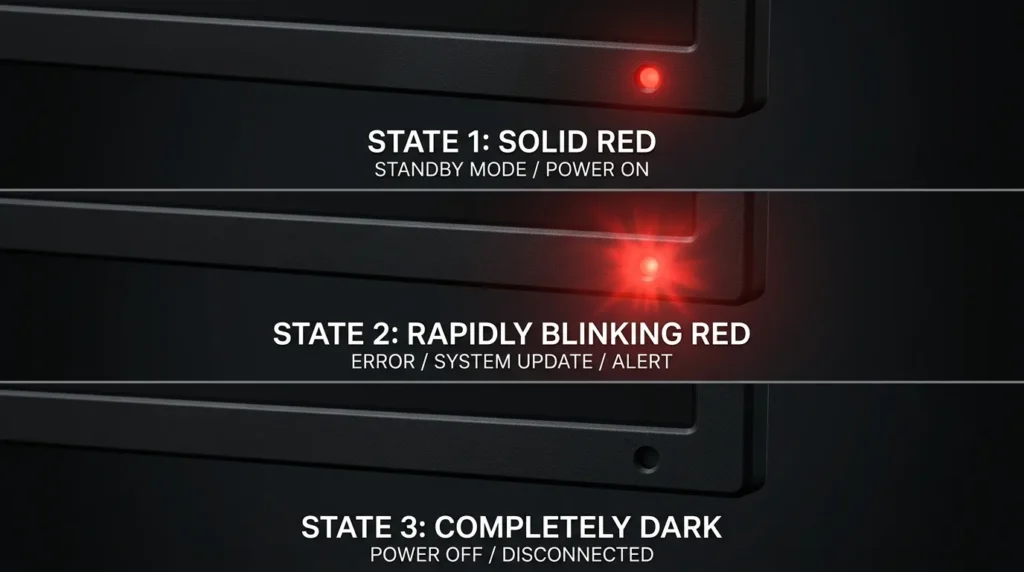 Three states of Insignia TV power LED — solid red, blinking red, and no light