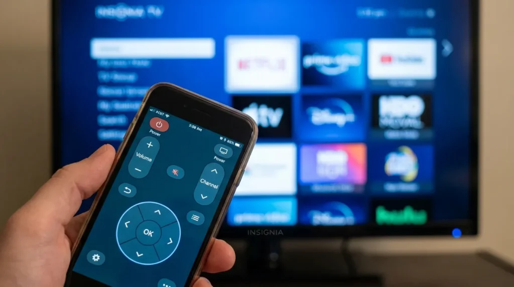 Smartphone showing TV remote app in front of Insignia TV screen
