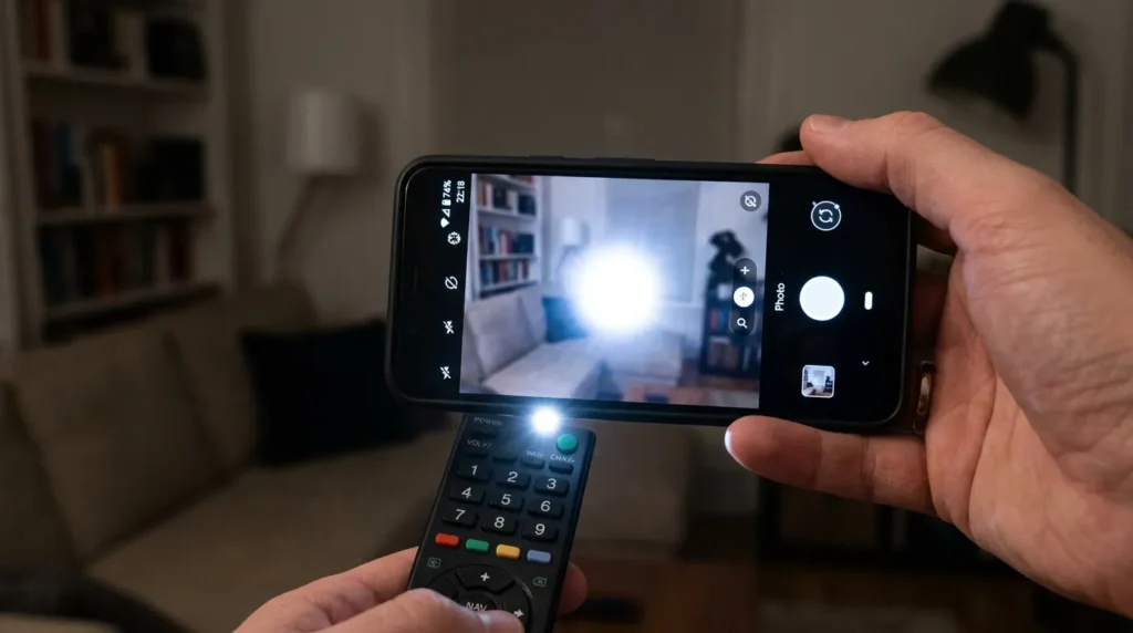 Phone camera showing infrared flash from TV remote during IR sensor test