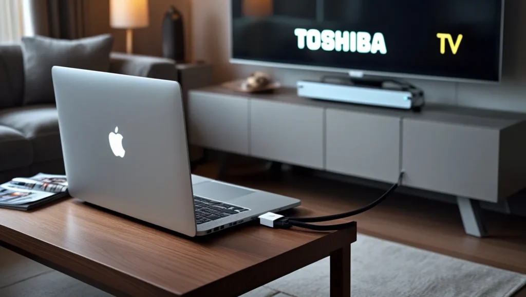 MacBook and Toshiba TV linked with HDMI cable