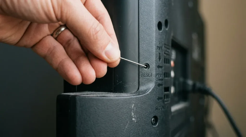 Hand inserting paperclip into Onn TV pinhole reset button on back panel