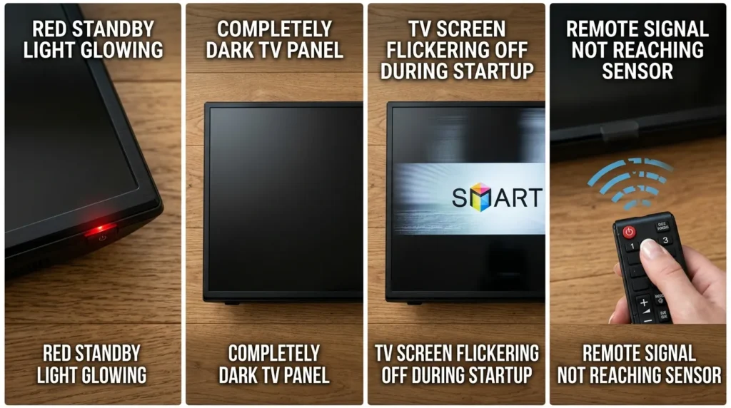 Four Onn TV symptoms — red light, no light, shuts off, remote not working