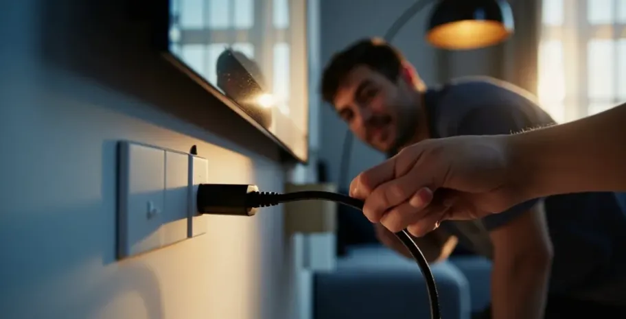 Person unplugging TV power cord.
