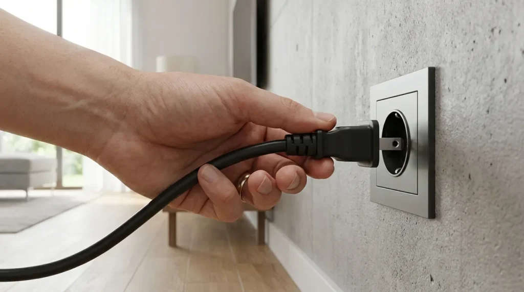 Hand unplugging TV power cord from wall socket