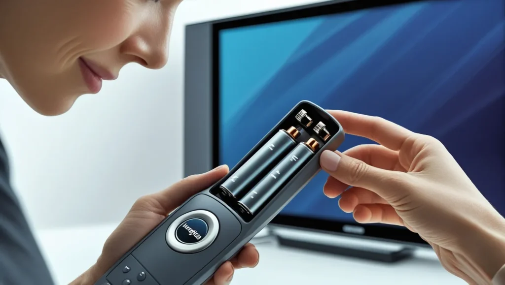 Person inserting batteries into Insignia TV remote.