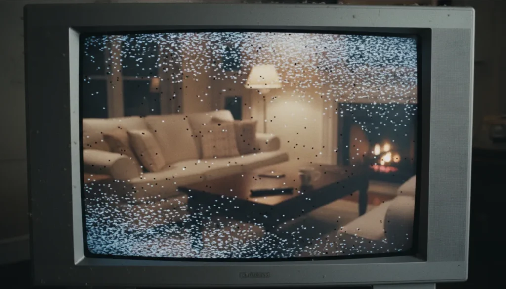 Sanyo TV displaying snowflake screen with white static and black dots