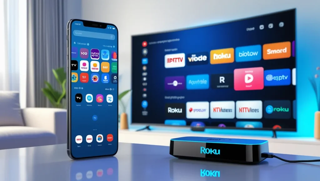 Smartphone screen mirrored on TV via Roku