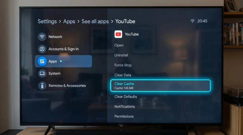 Sony Google TV settings menu showing Clear Cache option for streaming apps