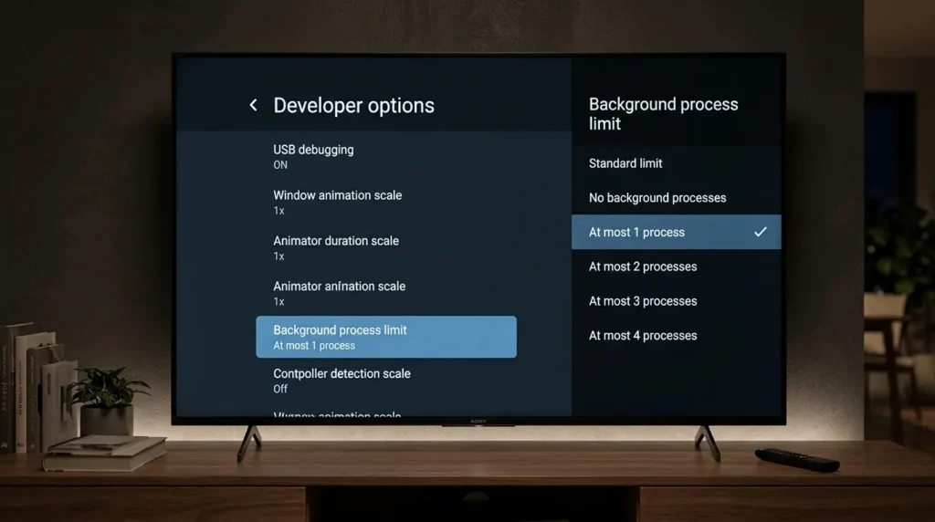 Sony Android TV Developer Options screen showing Background Process Limit setting