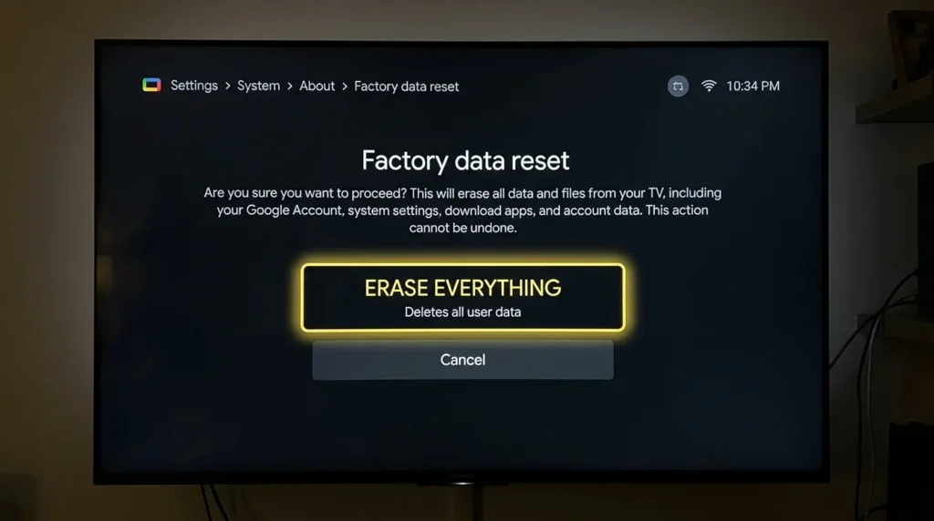 Sony Google TV factory reset screen with Erase Everything option highlighted