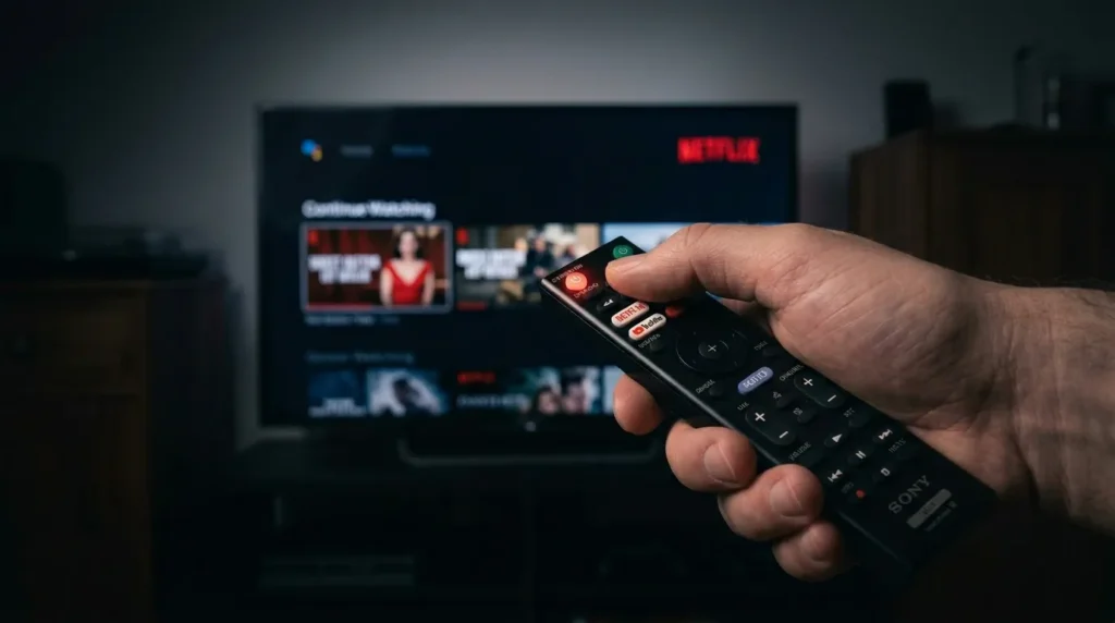 Hand holding Sony TV remote with power button highlighted for soft reset