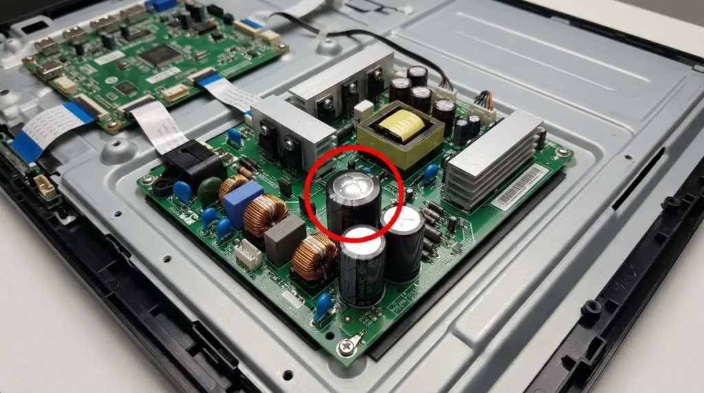 Swollen capacitor on TV power supply board with bulging top highlighted in red circle
