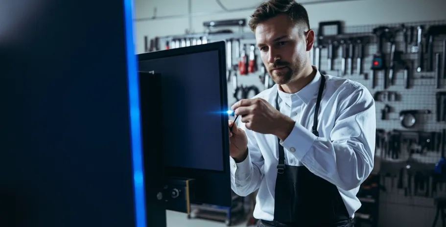 Technician repairing TCL TV with firmware update