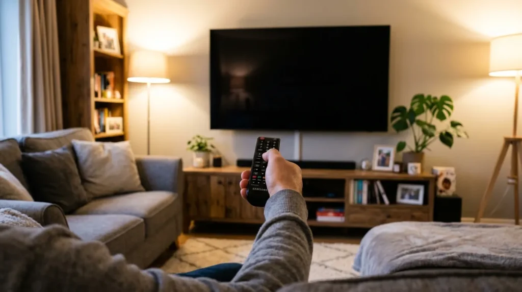 Person pointing remote at dark Insignia TV screen to test power signal