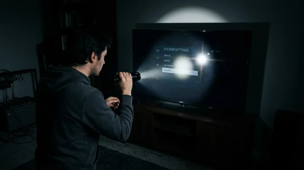 Person shining flashlight at dark TV screen during backlight failure test