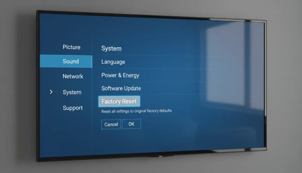 TV screen displaying factory reset option in system settings menu