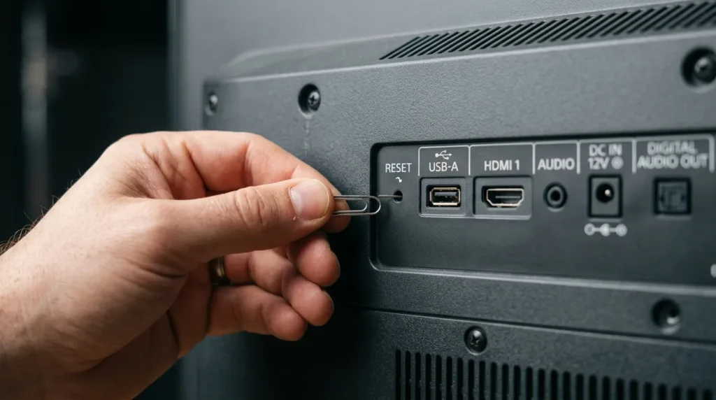 Hand pressing TV reset pinhole button with a pin on the back panel