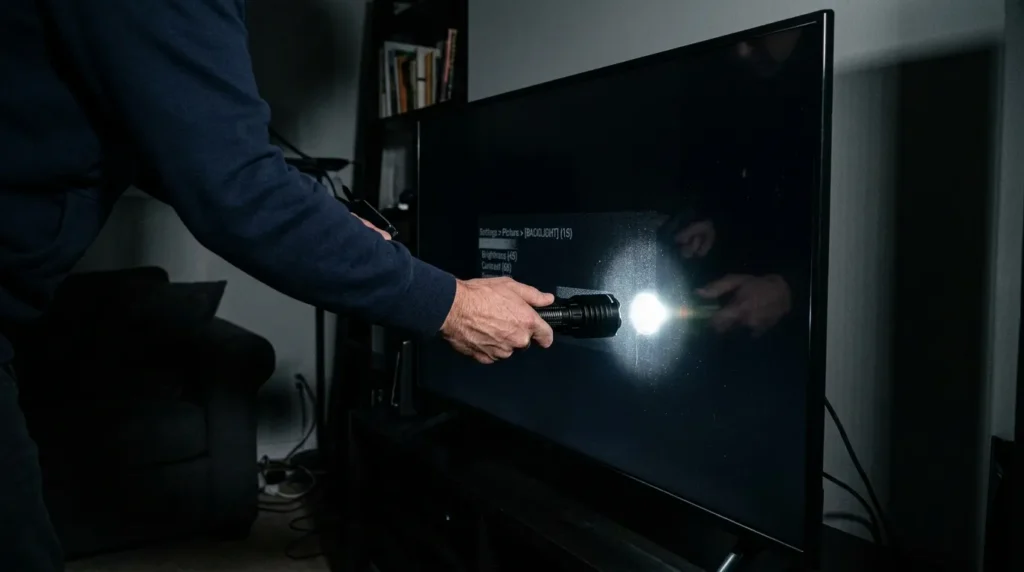 Flashlight test being performed on a TV with no picture to check backlight