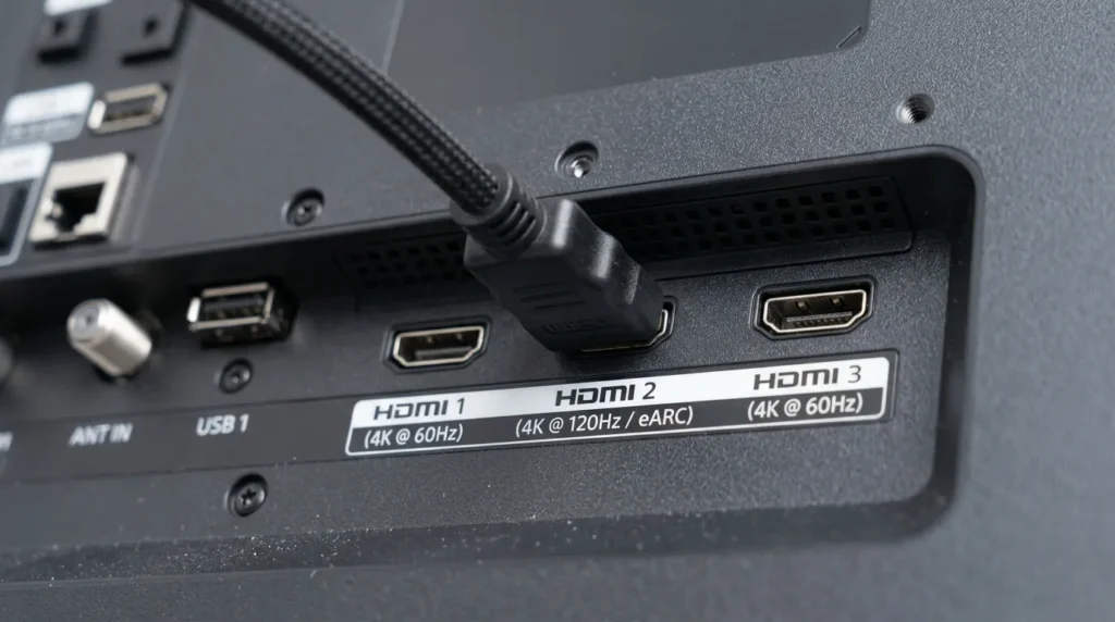 TV back panel with HDMI ports and cable connections