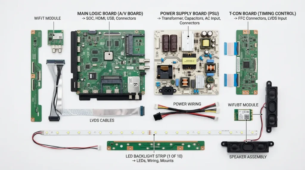 TV internal components including T-Con board, power supply board and LED strip