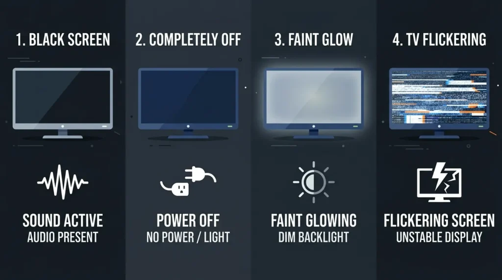 Four TV screen symptom states for no picture diagnosis