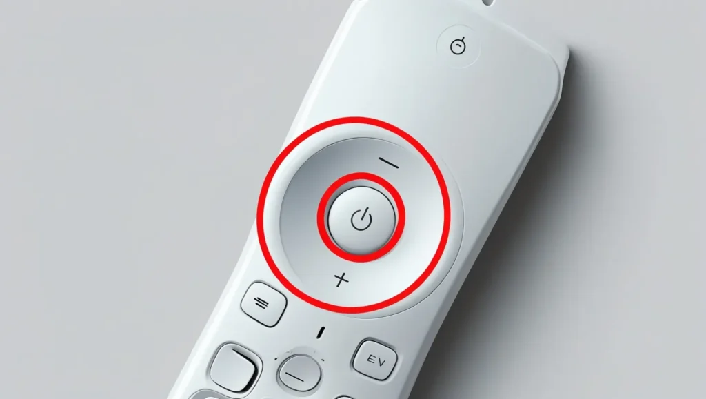 TV remote with power button highlighted.