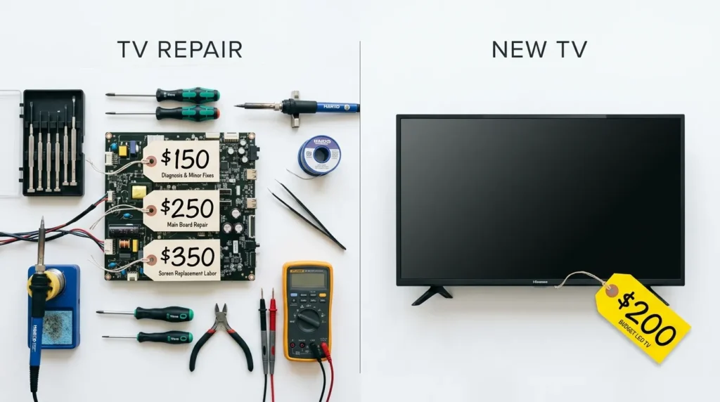 TV repair cost versus replacement cost comparison flat-lay