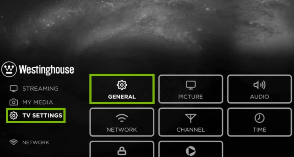 Westinghouse TV settings menu screen