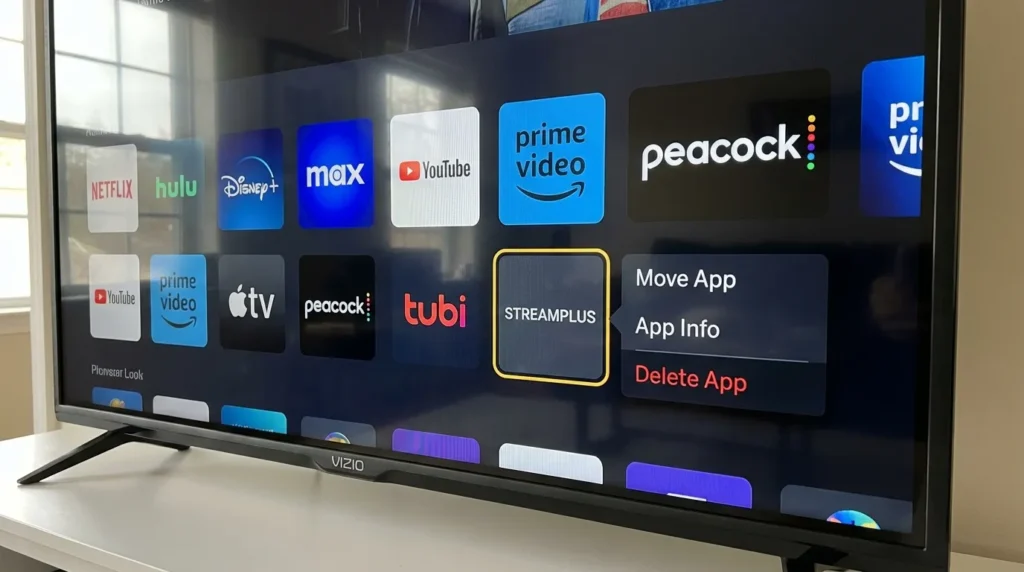 Vizio SmartCast home screen with app delete option highlighted