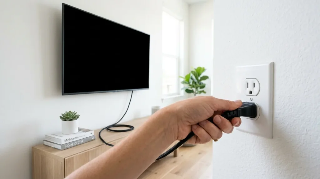 Hand unplugging Onn TV power cord from wall outlet for power cycle reset