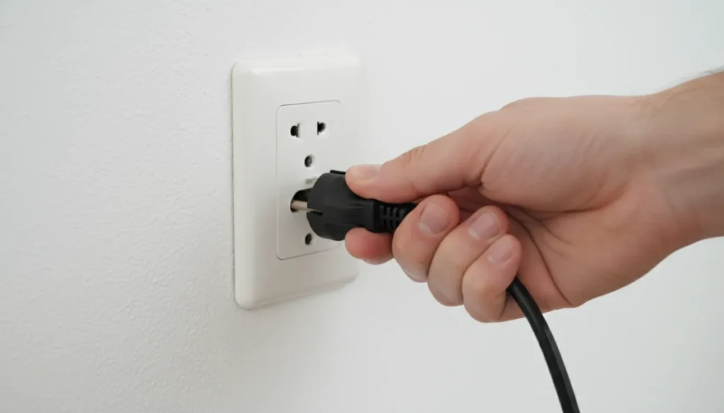 Hand removing TV power plug from electrical outlet for soft reset