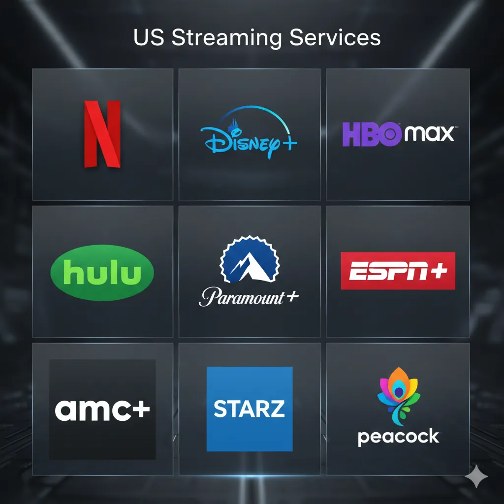 Grid display of major US streaming service logos available on Apple TV