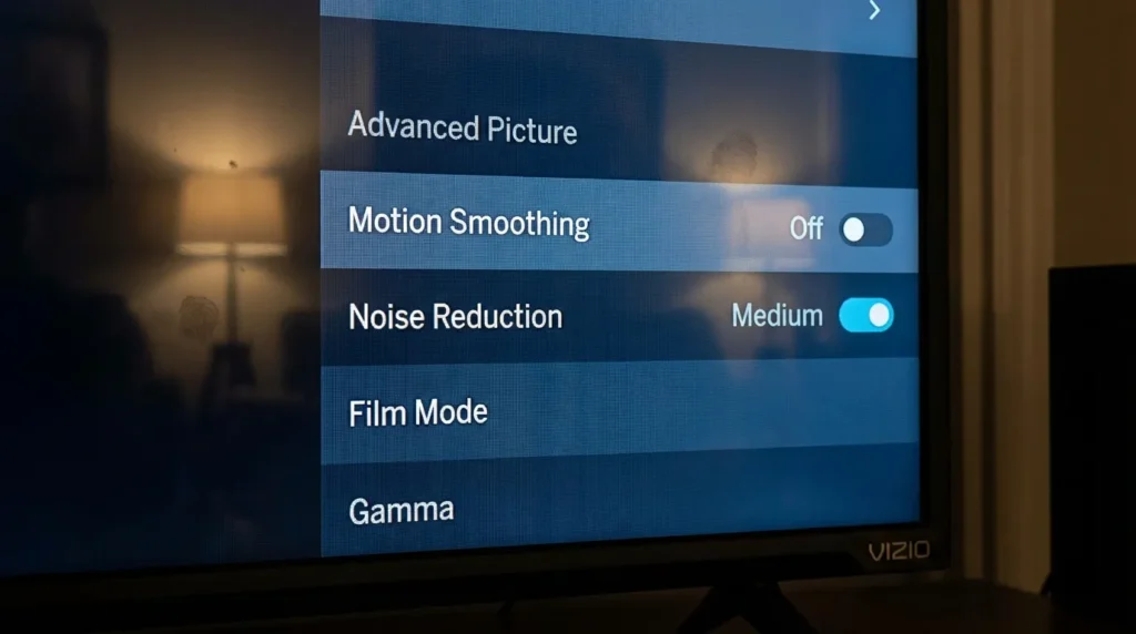 Vizio TV advanced picture settings menu with motion smoothing toggle