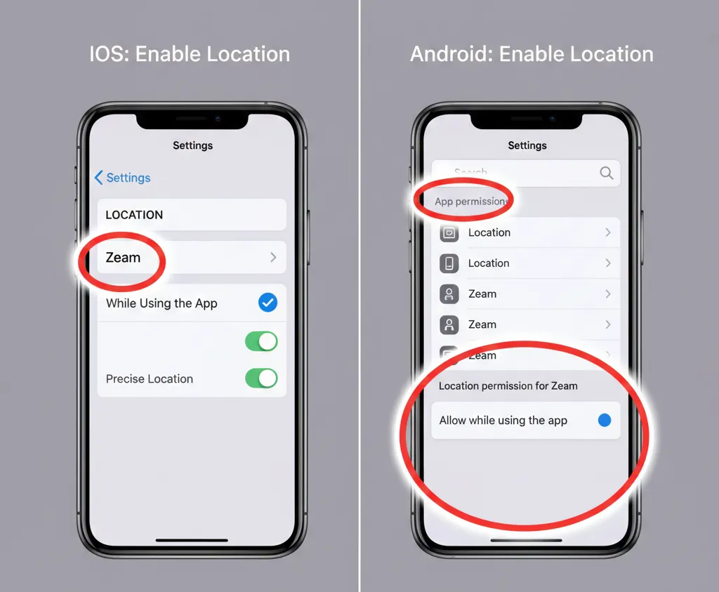 Mobile phone settings screen showing how to enable location access for Zeam streaming app