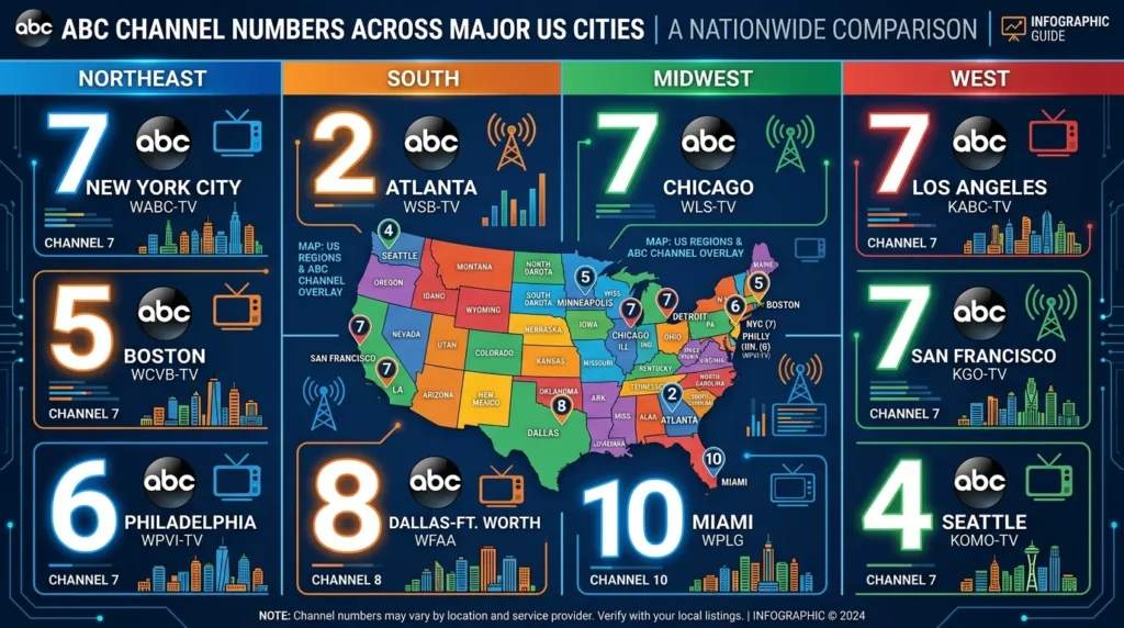 Map showing ABC channel numbers across major US cities on DirecTV