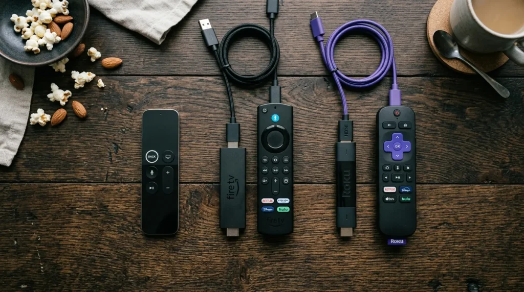 Streaming devices compatible with Acorn TV including Roku, Fire TV Stick, and Apple TV