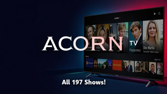Smart TV displaying Acorn TV logo with show thumbnails in background.