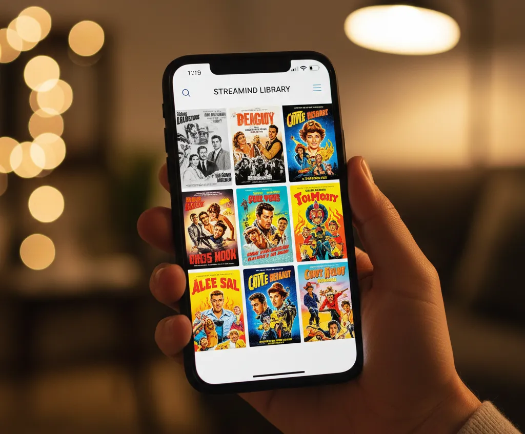 Airy TV on-demand library showing classic movie thumbnails on a smartphone screen