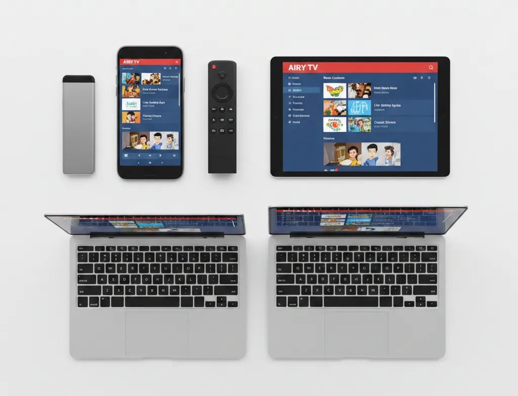 Airy TV app running on multiple devices including Fire TV Stick, Android phone, and iPad in 2026