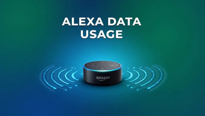 Thumbnail showing Amazon Echo Dot with WiFi signals for blog post on Alexa’s bandwidth usage.