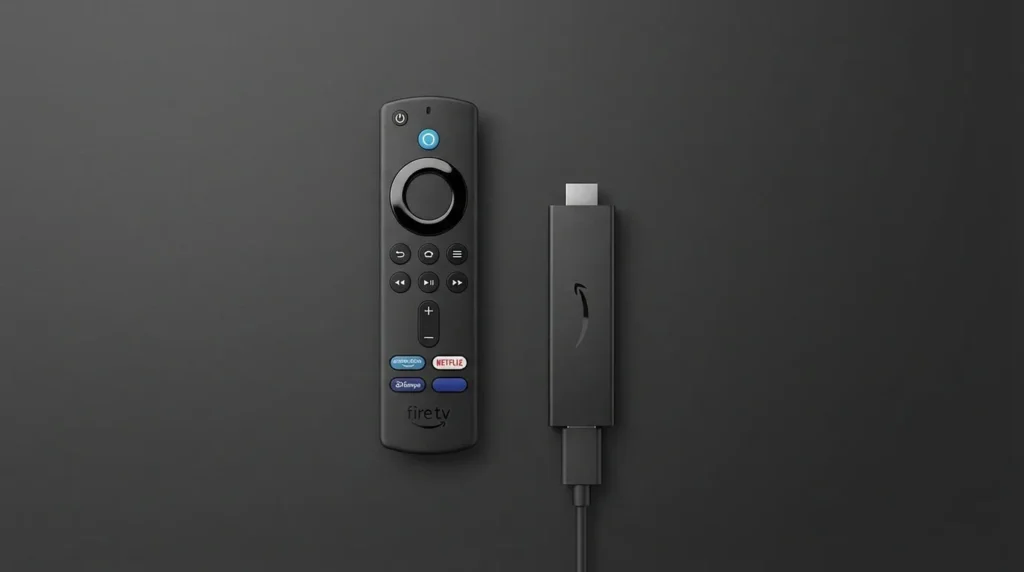 Amazon Alexa Voice Remote 3rd Gen next to Fire TV Stick 4K on dark background