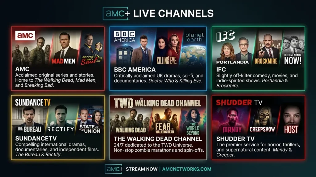 AMC Plus live channels with signature shows and programming focus